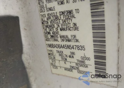 2005 Nissan Titan Se z USA, uszkodzony, nr VIN 1N6BA06A45N547835